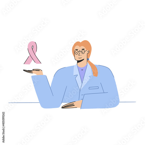 Doctor oncologist with a sign pink ribbon. Vector character professional hospital workers. Female cartoon flat concept isolated on white background. Medical healthcare concept.
