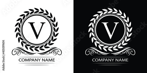 Letter   V laurel wreath template logo Luxury gold letter with crown. Monogram alphabet . Beautiful royal initials letter.