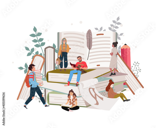 People or students reading studying and preparing for examination sitting on stack of giant books or beside it. Set of book lovers, readers, modern literature fans. Flat cartoon vector illustration