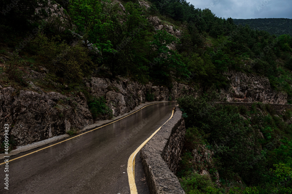 Asphalt road through the mountains forest in rainy season