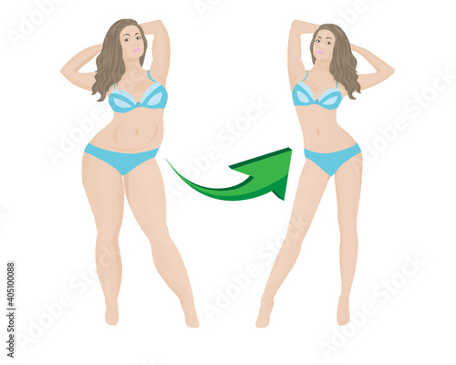 Fat and slim girl before and after dieting or weight loss exercising. good workout result the concept vector illustration