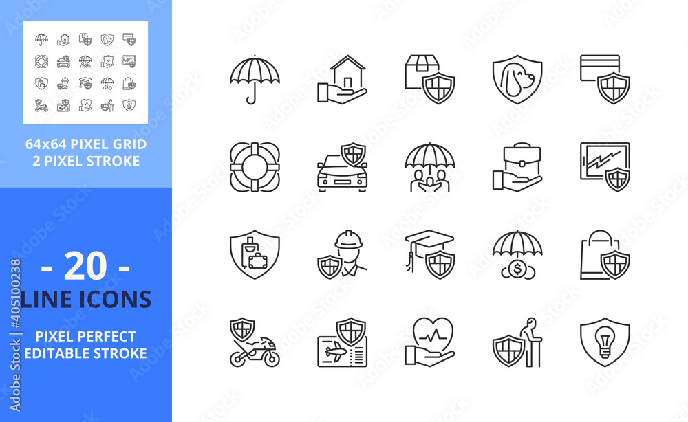 Line icons about insurance. Financial concept. Pixel perfect 64x64 and editable stroke Line icons about insurance. Financial concept. Pixel perfect 64x64 and editable stroke