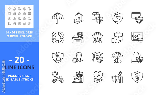 Line icons about insurance. Financial concept. Pixel perfect 64x64 and editable stroke