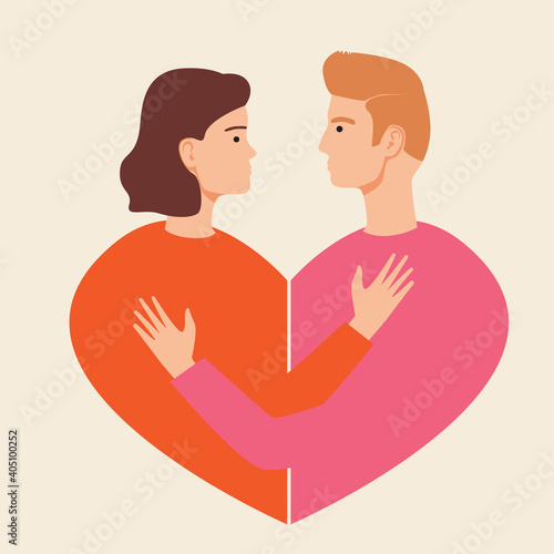 Couple hugging, isolated man and woman as a concept of romance, love, embrace one another, flat vector stock illustration with girlfriend and boyfriend