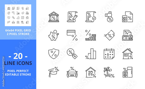 Line icons about loan. Financial concept. Pixel perfect 64x64 and editable stroke