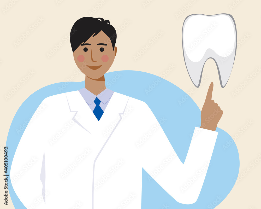 Dentist or orthodontist isolated as dental treatment concept, flat vector stock illustration with doctor and healthy molar Dentist or orthodontist isolated as dental treatment concept, flat vector stock illustration with doctor and healthy molar