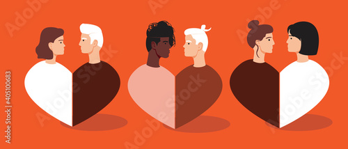 Different couples hugging, isolated people as concept of romance, love, embrace one another, flat vector stock illustration with Lgbtq people, multicultural and traditional lovers