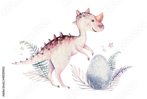 Cute cartoon baby dinosaurs collection watercolor illustration  hand painted dino isolated on a white background for nursery poster decoration. Rex children funny art