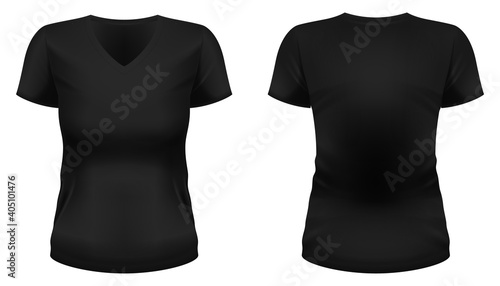 Blank black V-neck t-shirt template. Front and back views. Vector illustration.