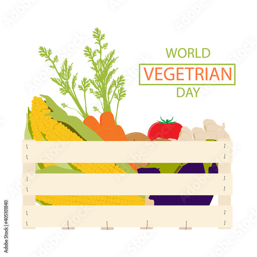 Vector illustration wooden box with vegetables food. Carrots, potatoes, tomatos, eggplants, garlic and golden corn