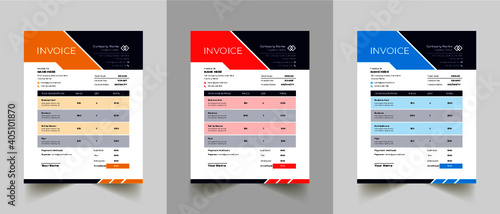 Invoice minimal design template. Bill form business invoice accounting. Modern and creative corporate business invoice template | Company business invoice template with color variation bundle
