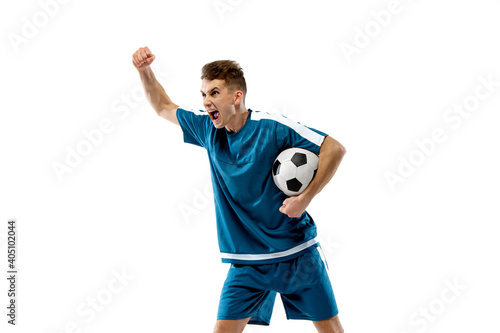 Goal. Funny emotions of professional soccer player isolated on white studio background. Copyspace for ad. Excitement in game, human emotions, facial expression and passion with sport concept. © master1305