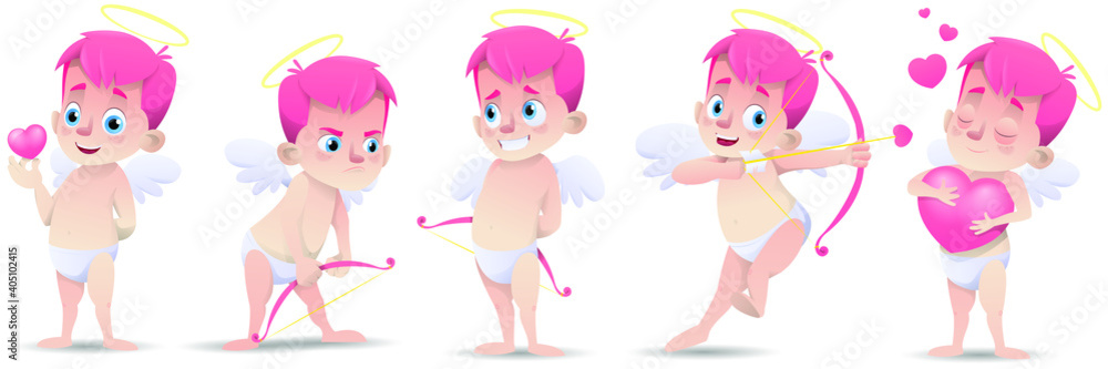 Obraz premium Collection of cartoon cupids in different poses and with different emotions isolated on white background. Happy valentines day greeting card with cute cupid character. Vector illustration