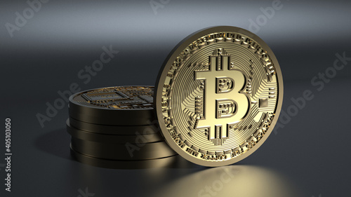 Several bitcoins on a dark background, a stack of bitcoins