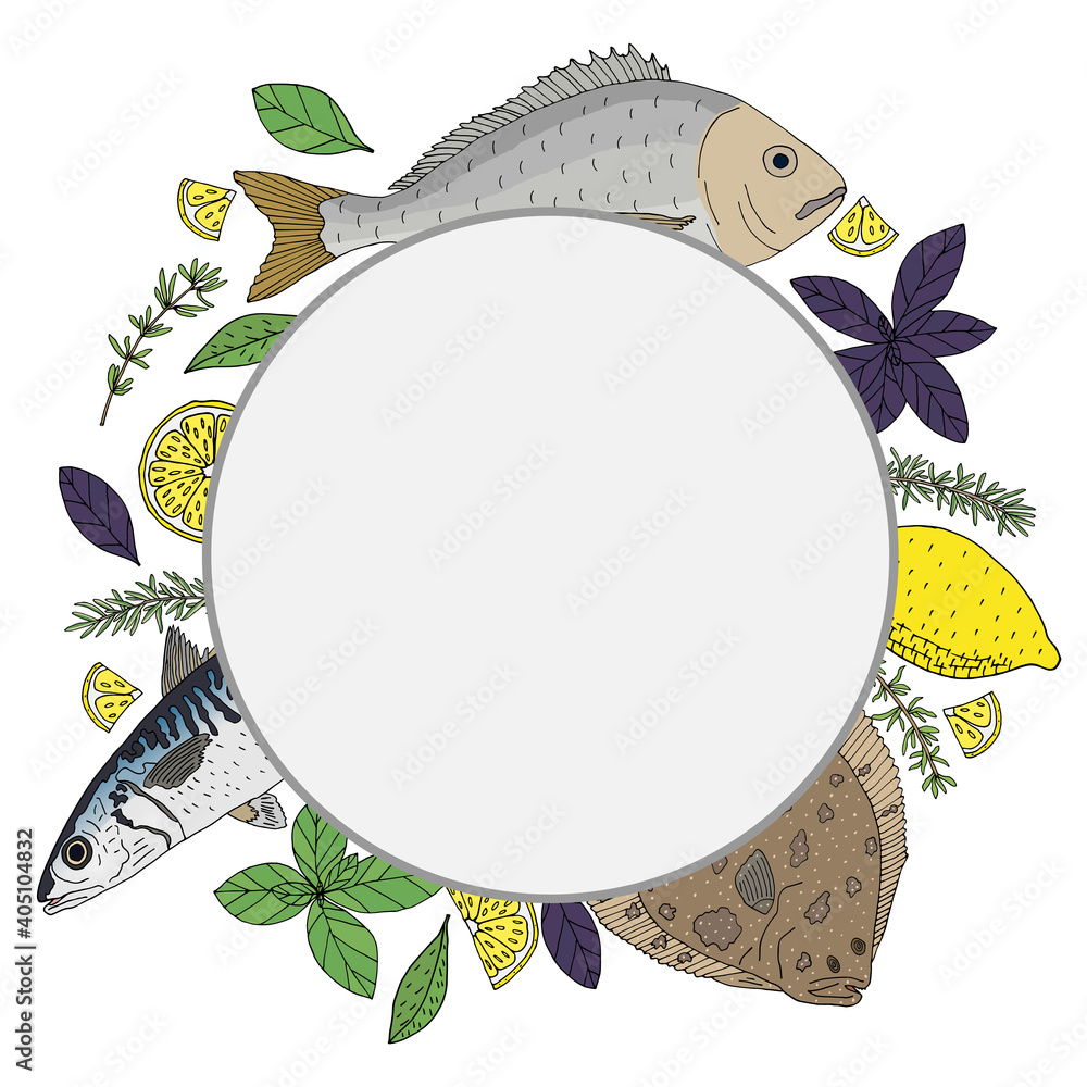 Circle frame with seafood, fish dish. Hand drawn of dorado, mackerel ...