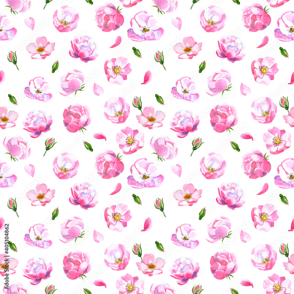 Watercolor floral pattern with cute pink flowers and buds. Pink blossom seamless pattern with hand drawn botanical illustration