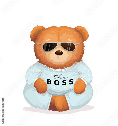 Cool teddy bear wearing sunglasses with the Boss sign on his shirt. Soft toy for kids and adults apparel or gift card vector graphic design, fashionable bossy print.
