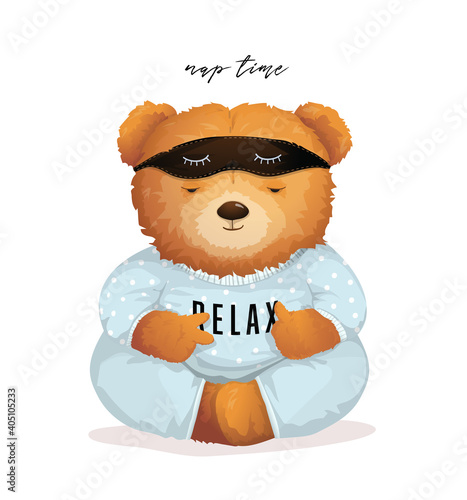 Teddy bear sleeping in pajamas with Relax sign on his shirt. Soft toy for kids and adults apparel or gift card vector graphic design, fashionable kids print.