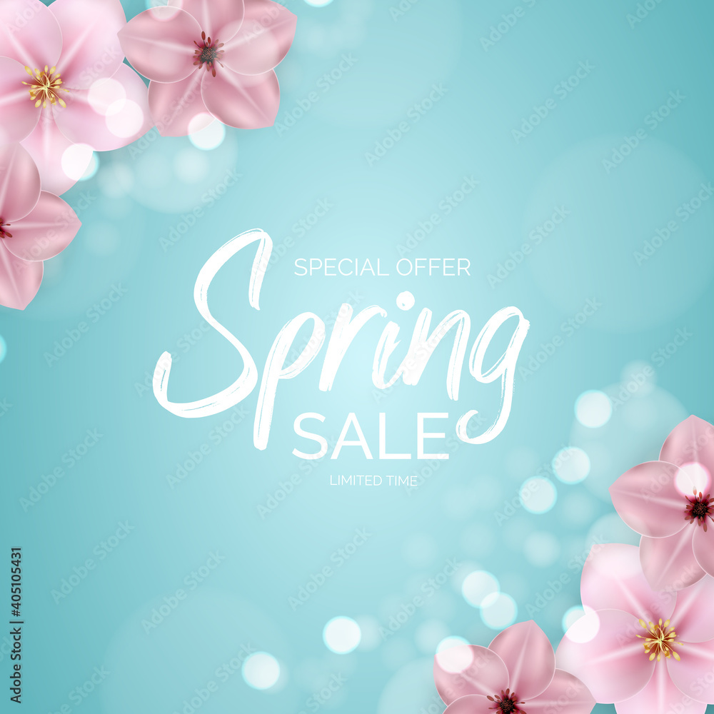 Promotion offer, card for spring sale season with spring plants, leaves and flowers decoration. Vector Illustration EPS10