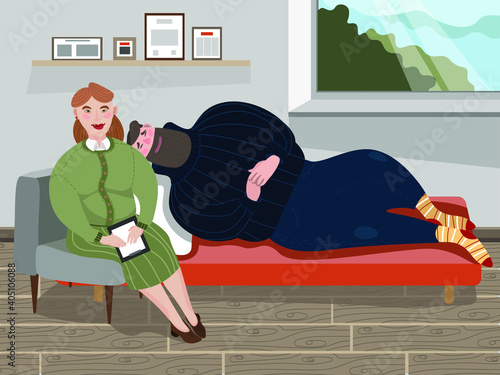 The illustration shows a man at a psychologist's appointment,lying on a sofa.