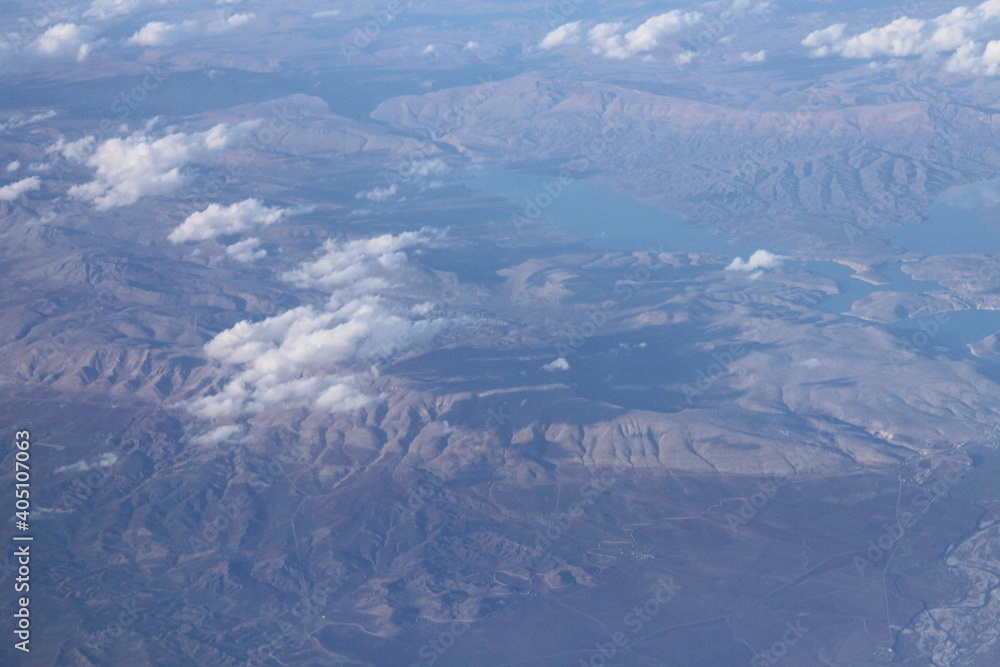 Aerial view of mountains and clouds