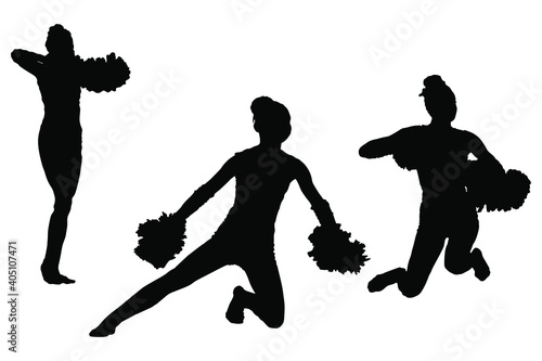 Black silhouettes of cheerleading girls on a white background. Team, support, team, hip hop.