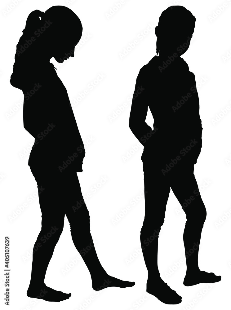 Two black silhouettes of girls on a white background. stand, pose, walk, sport.