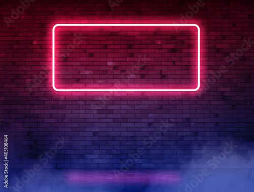 Brick neon wall with tube and wet asphalt. Background with copy space