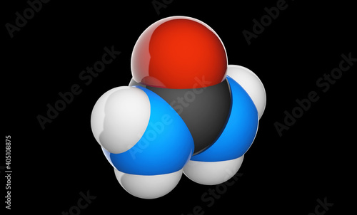 Urea, also known as carbamide, is an organic compound with the chemical formula CH4N2O. Chemical structure model: Space-Filling. 3D illustration. Isolated on black background.