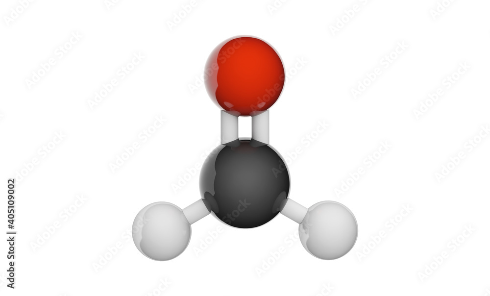 Formaldehyde is a naturally occurring organic compound with the formula H2CO or CH2O. Chemical structure model: Ball and Stick. 3D illustration. Isolated on white background. Formaldehyde is a naturally occurring organic compound with the formula H2CO or CH2O. Chemical structure model: Ball and Stick. 3D illustration. Isolated on white background.