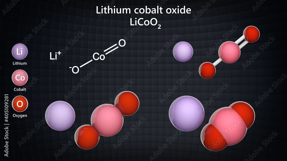 Lithium cobalt oxide (LiCoO2 or CoLiO2) is a chemical compound commonly used in the lithium-ion batteries. Chemical structure model: Ball and Stick + Balls + Space-Filling. 3D illustration.