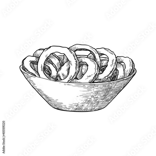 Bowl with onion rings isolated on white background. Hand drawn vector illustration.