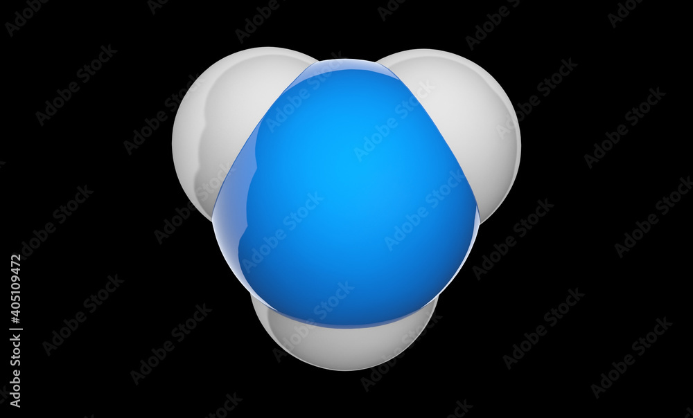 Ammonia (molecular formula: NH3 or H3N) is a colorless alkaline gas. Chemical structure model: Space-Filling. 3D illustration. Isolated on black background. Ammonia (molecular formula: NH3 or H3N) is a colorless alkaline gas. Chemical structure model: Space-Filling. 3D illustration. Isolated on black background.