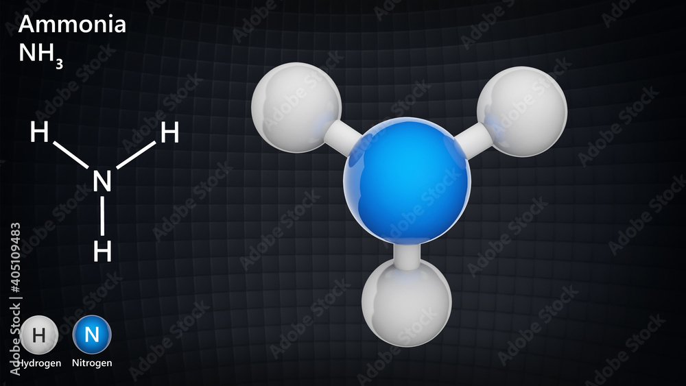 Ammonia (molecular formula: NH3 or H3N) is a colorless alkaline gas. Chemical structure model: Ball and Stick. 3D illustration.