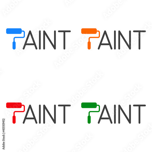Logotipo con texto Paint con letra inicial P con forma de rodillo de pintura. Conjunto en varios colores