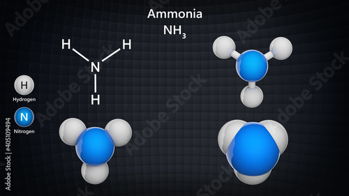 Ammonia (molecular formula: NH3 or H3N) is a colorless alkaline gas. Chemical structure model: Ball and Stick + Balls + Space-Filling. 3D illustration.