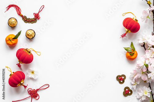 Top view of Chinese or lunar new year festival decorations with red lanterns