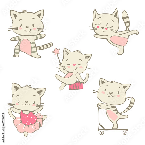 Little cats ride, dance, do exercises, vector.