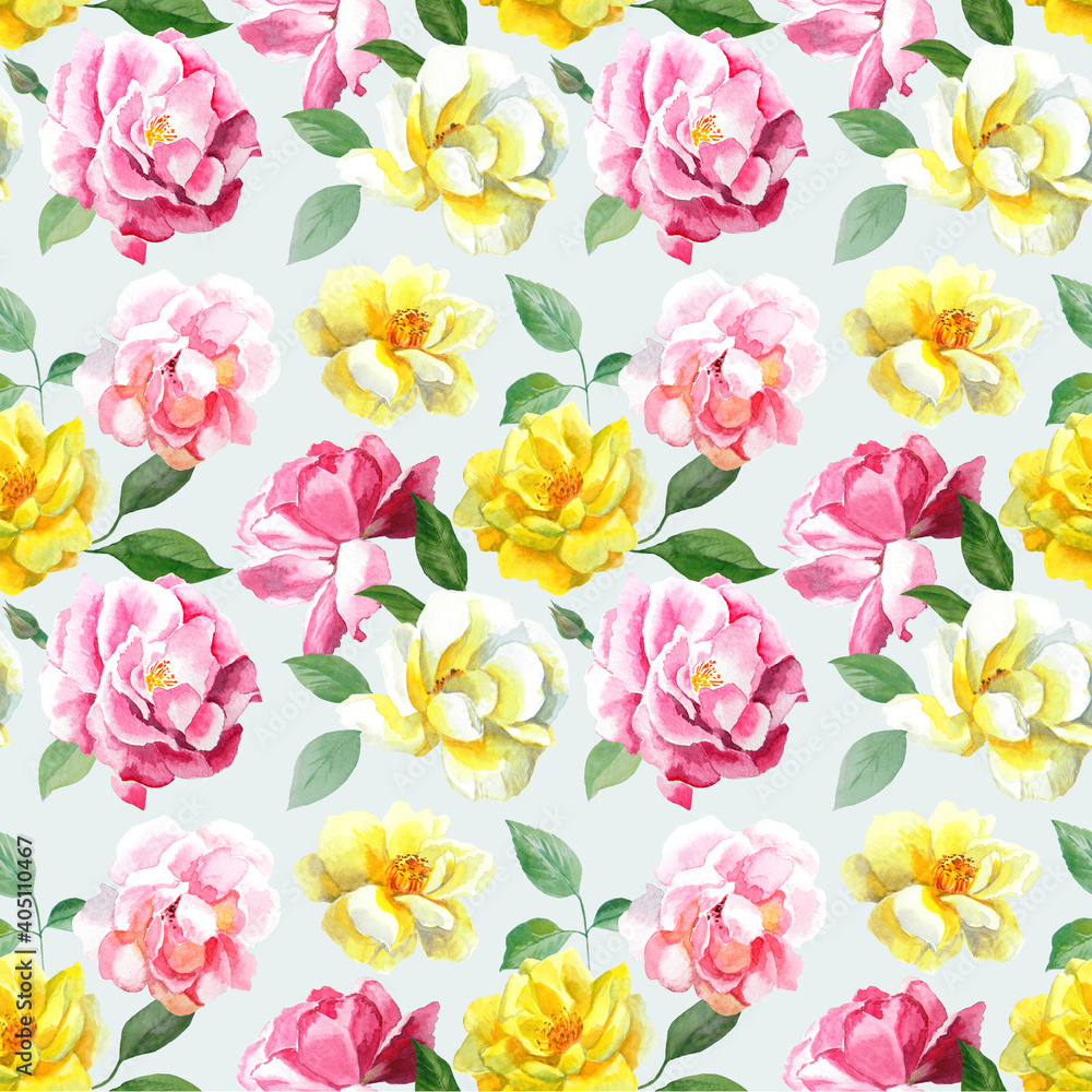 Beautiful watercolor flowers seamless pattern for textile design. Hand drawn yellow and pink roses with leaves