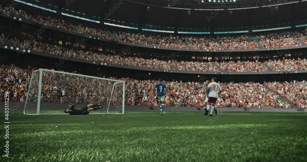 4k dynamic shot of soccer game moment on the professional stadium made in 3d with animated crowd. Sunny weather.