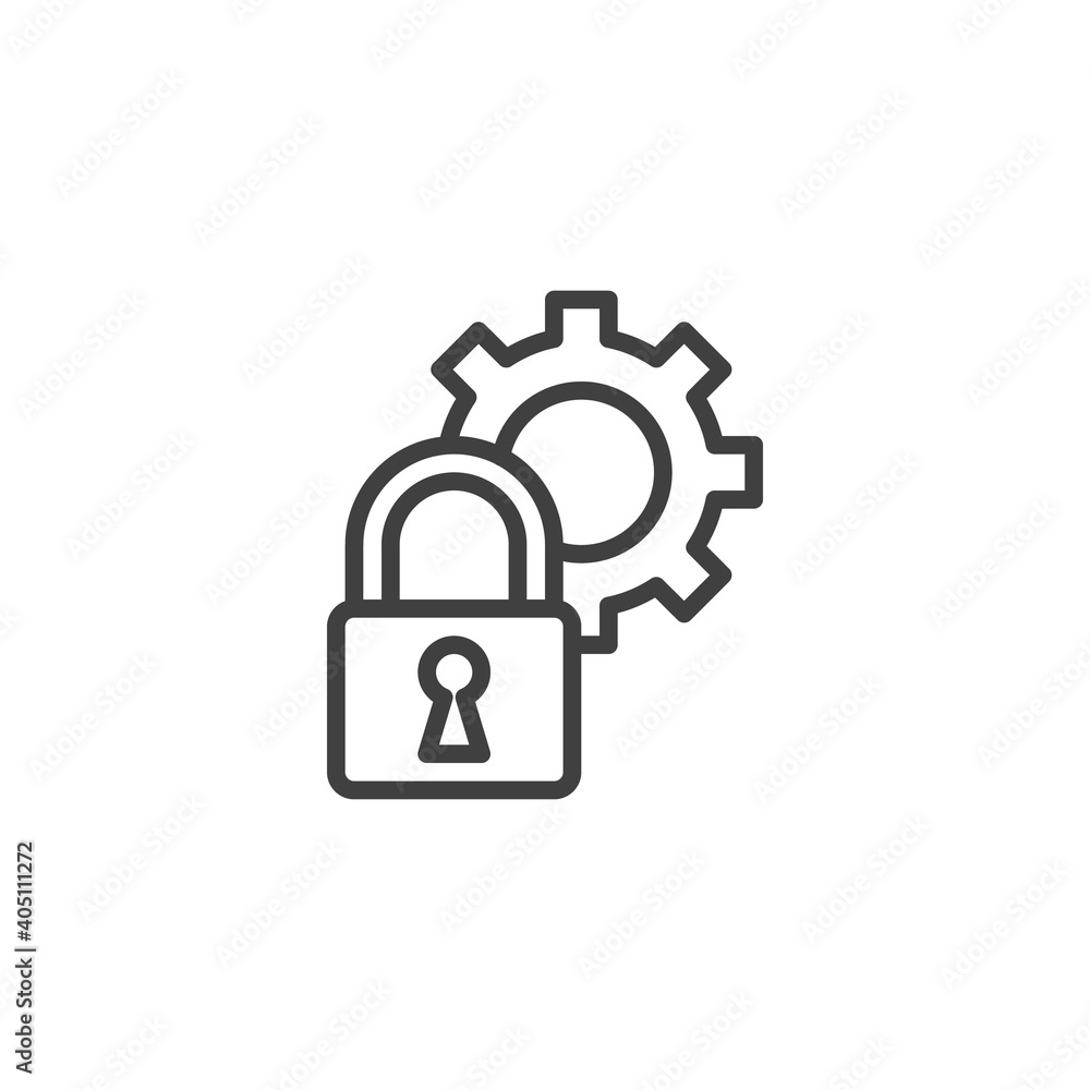Lock and gear line icon. linear style sign for mobile concept and web design. Cyber security setting outline vector icon. Symbol, logo illustration. Vector graphics Lock and gear line icon. linear style sign for mobile concept and web design. Cyber security setting outline vector icon. Symbol, logo illustration. Vector graphics