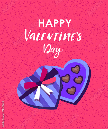 Valentine's Day Greeting Card,Brochure.Gift Box Festive Romantic Chocolate Candies for Romantic Dinner,Dating.Valentine Heart Shape Present.Sweet Chocolates Candy.Layout Invitation Vector Illustration photo