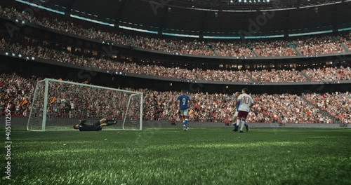 4k dynamic shot of soccer game moment on the professional stadium made in 3d with animated crowd. Sunny weather.