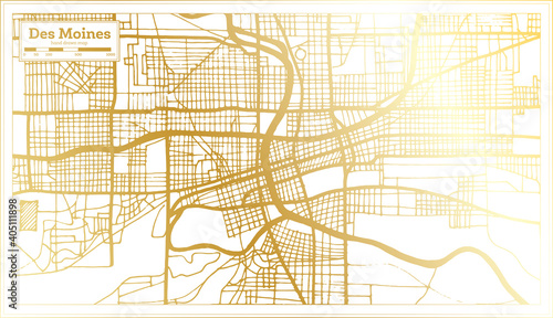 Des Moines USA City Map in Retro Style in Golden Color. Outline Map.
