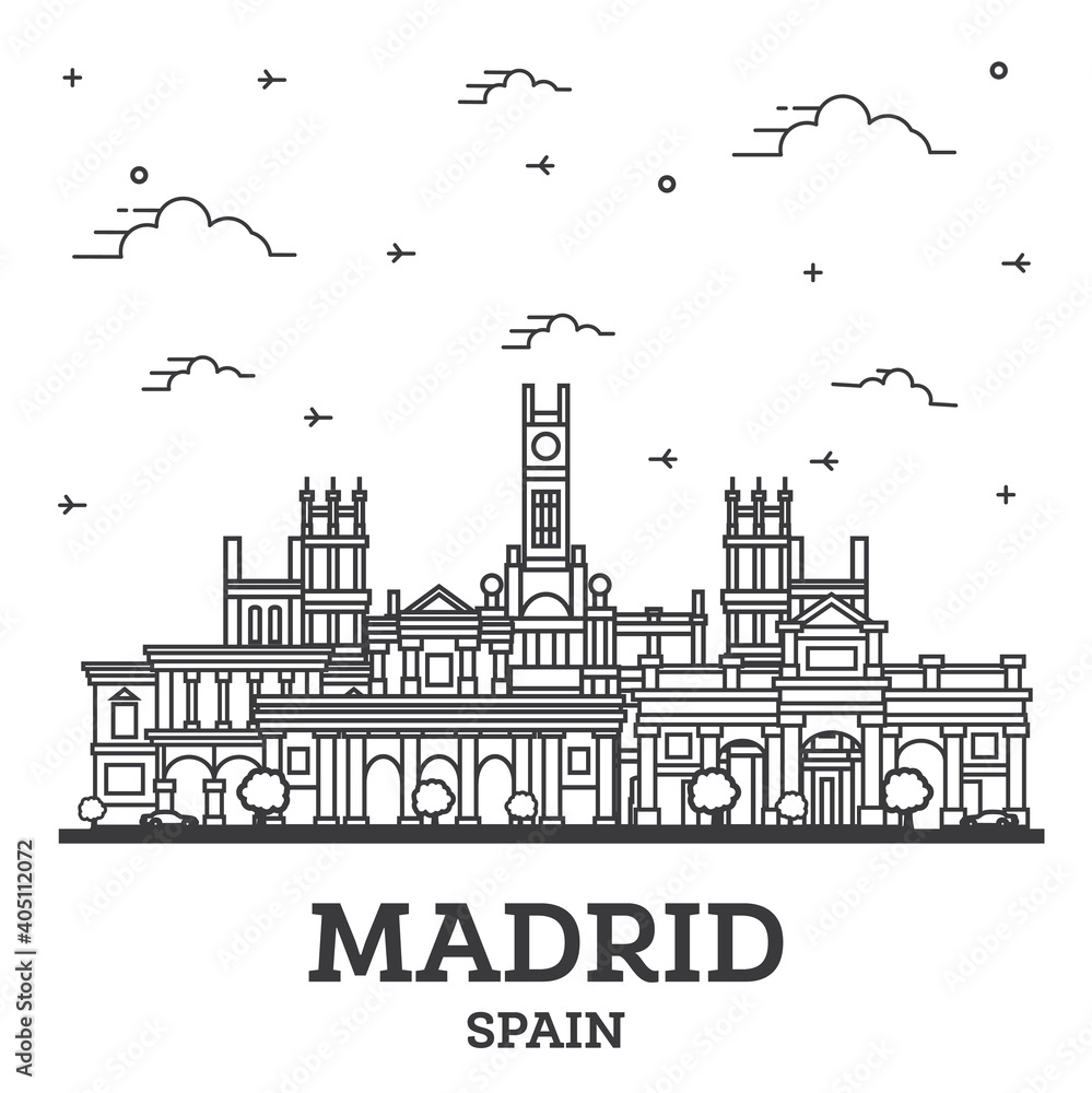 Outline Madrid Spain City Skyline with Historic Buildings Isolated on White.