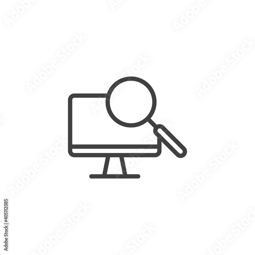 Computer scan line icon. linear style sign for mobile concept and web design. PC monitor and magnifying glass outline vector icon. Symbol, logo illustration. Vector graphics