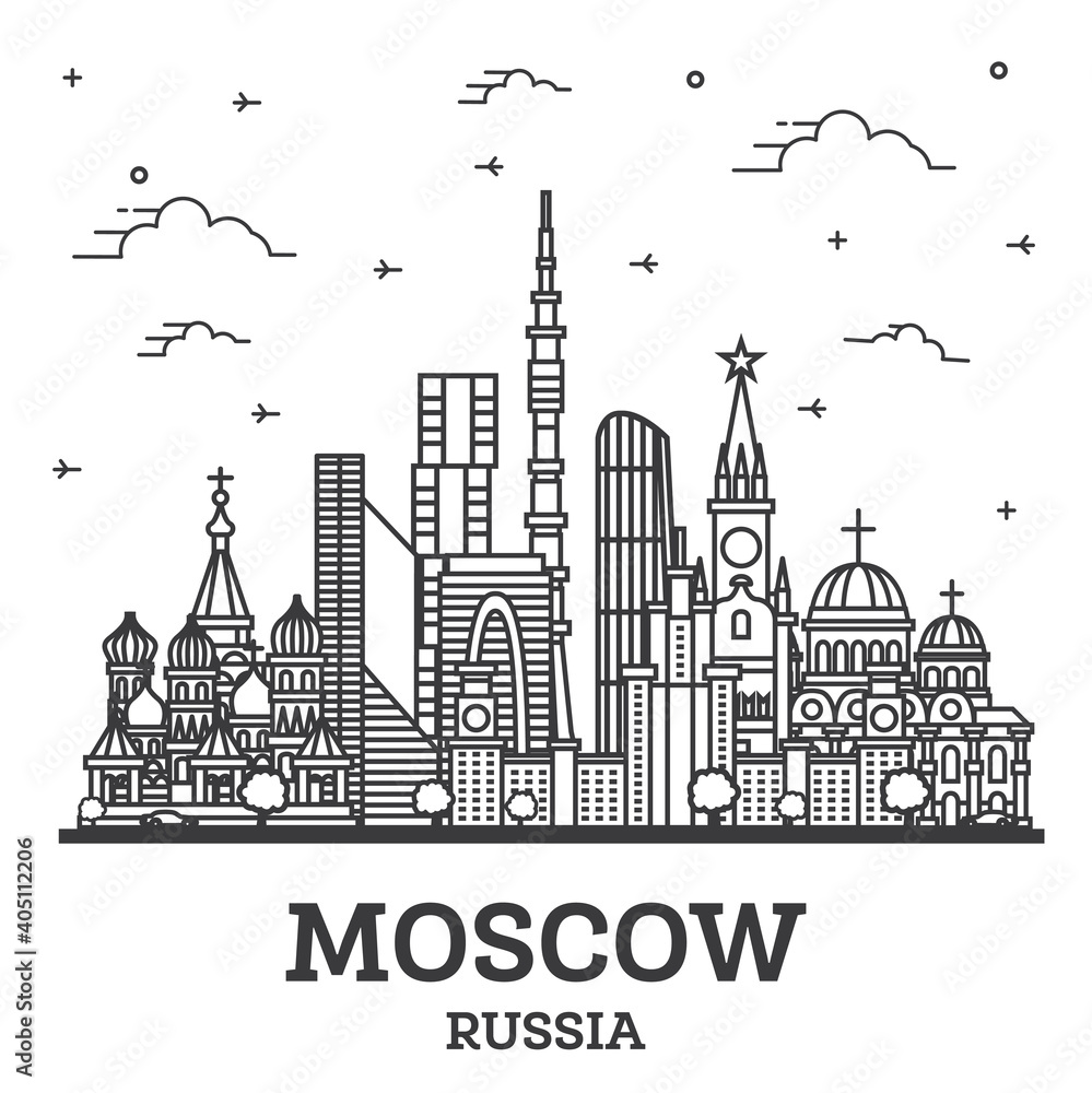 Outline Moscow Russia City Skyline with Modern and Historic Buildings Isolated on White.