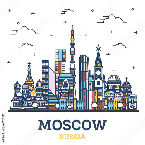 Outline Moscow Russia City Skyline with Colored Historic Buildings Isolated on White.