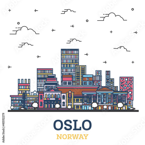 Photography Outline Oslo Norway City Skyline with Modern Colored Buildings Isolated on White