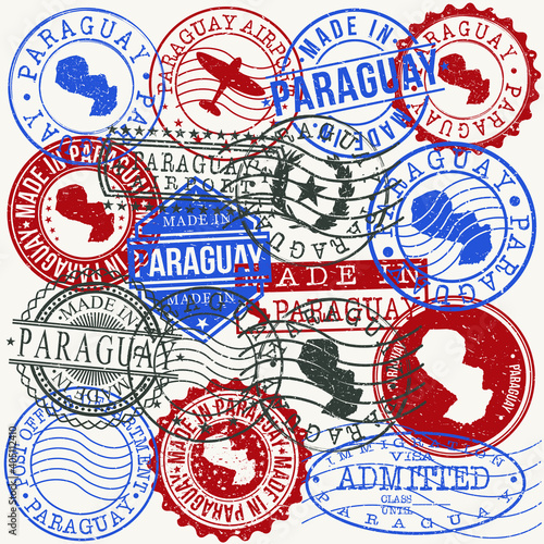 Paraguay Set of Stamps. Travel Passport Stamps. Made In Product. Design Seals in Old Style Insignia. Icon Clip Art Vector Collection.